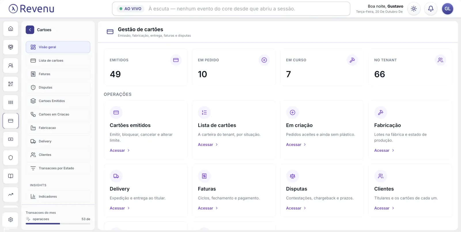 Revenu dashboard: card management with issued cards, orders and operations