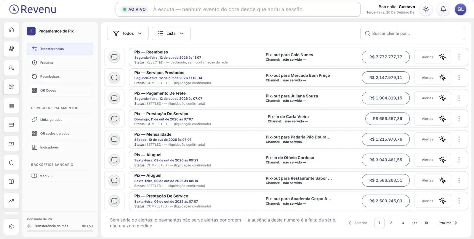 Revenu dashboard: Pix transfers with settlement status and amount